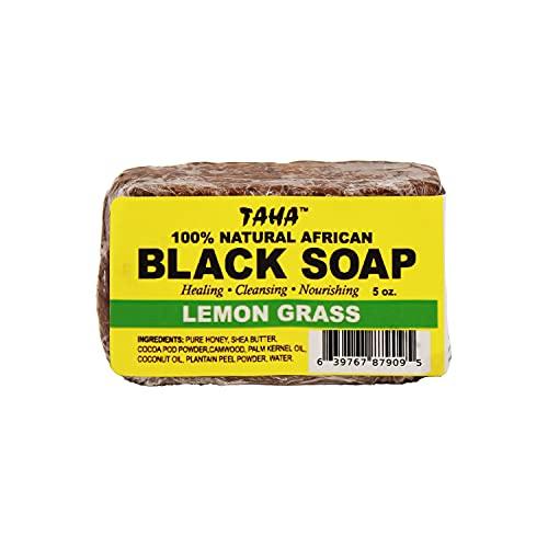 TAHA TAHA African Black Soap Bar, Organic & 100% Natural, Soothing & Moisturizing, Healthy Cleansing – Great for Blemishes, Acne, Dry Scalp, and More, Natural Scent, 5 Oz (Lemongrass, Pack of 1)