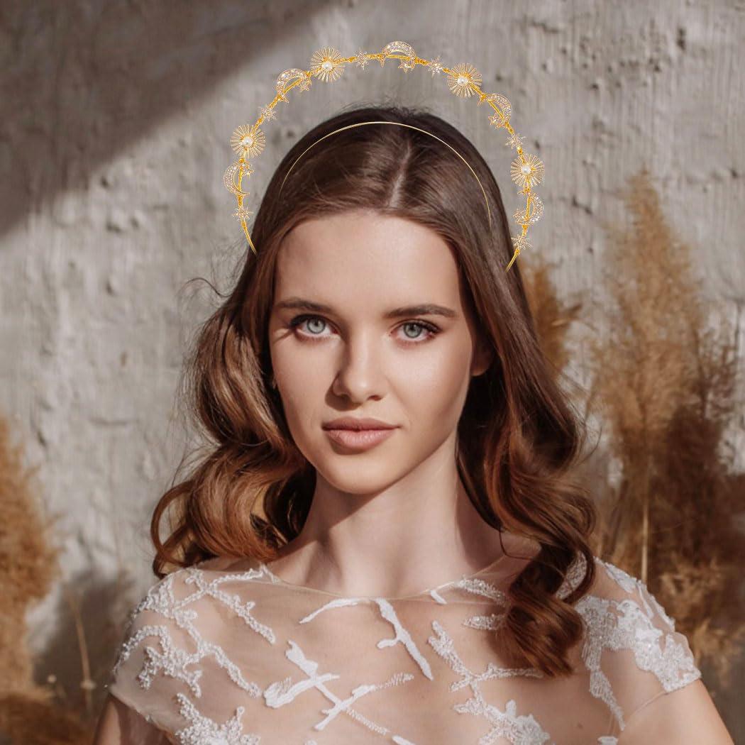 Wosois Wosois Gold Hair Band Rhinestone Hair Bands Crystal Double Loop Hair Bands Sun Star Moon Goddess Statue Hair Bands Seaside Vacation Photography Party Hair Band Accessories (Gold, Free)