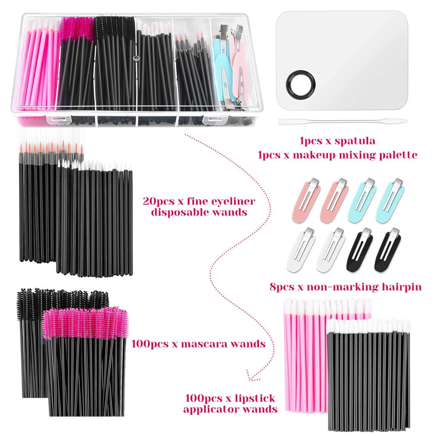 shynek Shynek Makeup Mixing Tray with Disposable Accessories Kit - Mascara Wands, Lip Applicators, Hair Clips & Organizer Box
