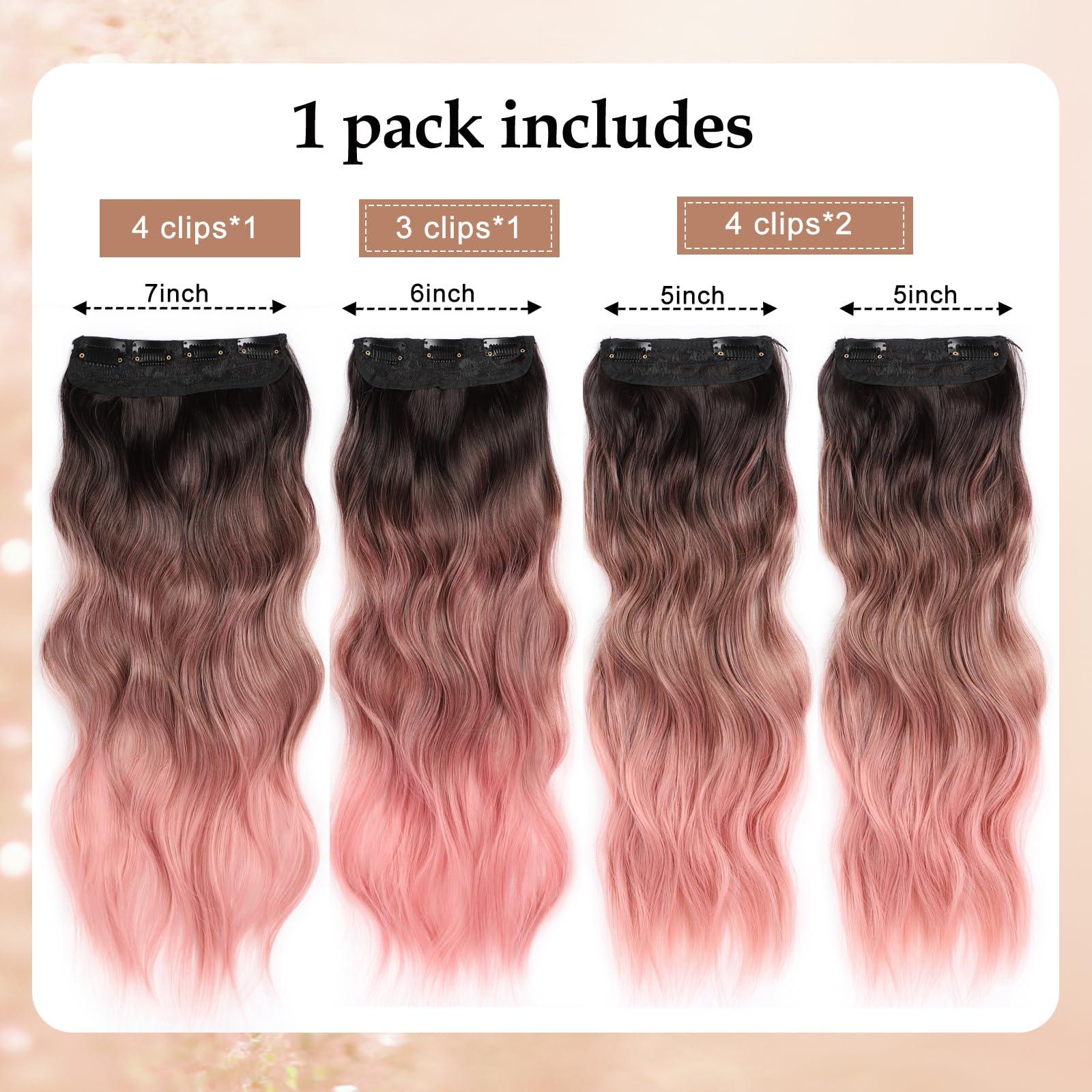 Perience Clip in Hair Extensions Synthetic Wavy Hair Extensions Clip in 20 inch Thick Pink Hair Extensions Clip Double Weft Hair Extension for Women (20INCH, PINK)