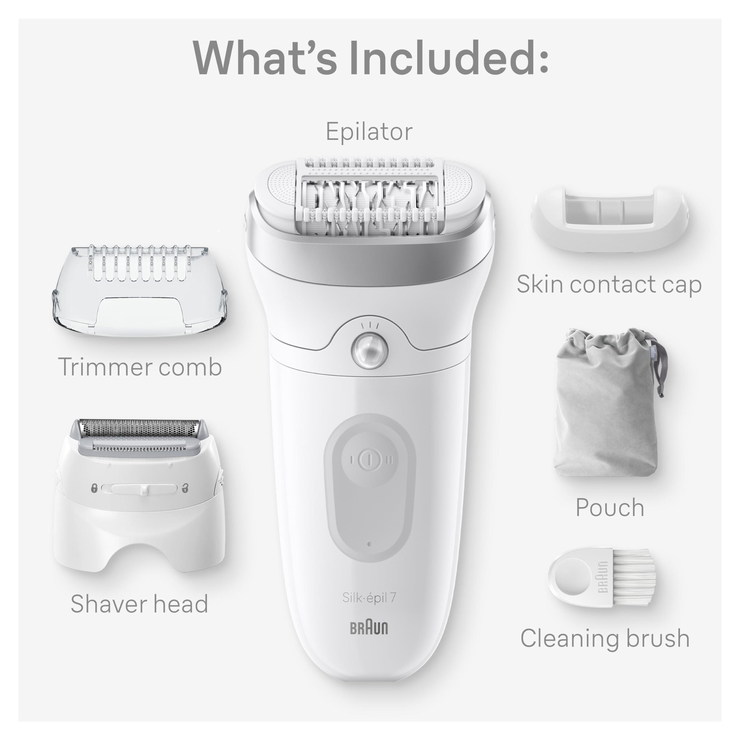 Braun Braun Epilator Silk-pil 7, Hair Removal Device, Women Shaver & Trimmer, Wet and Dry, Wide Head, Includes Shaver Head and Trimmer Comb, SE7-041, Silver
