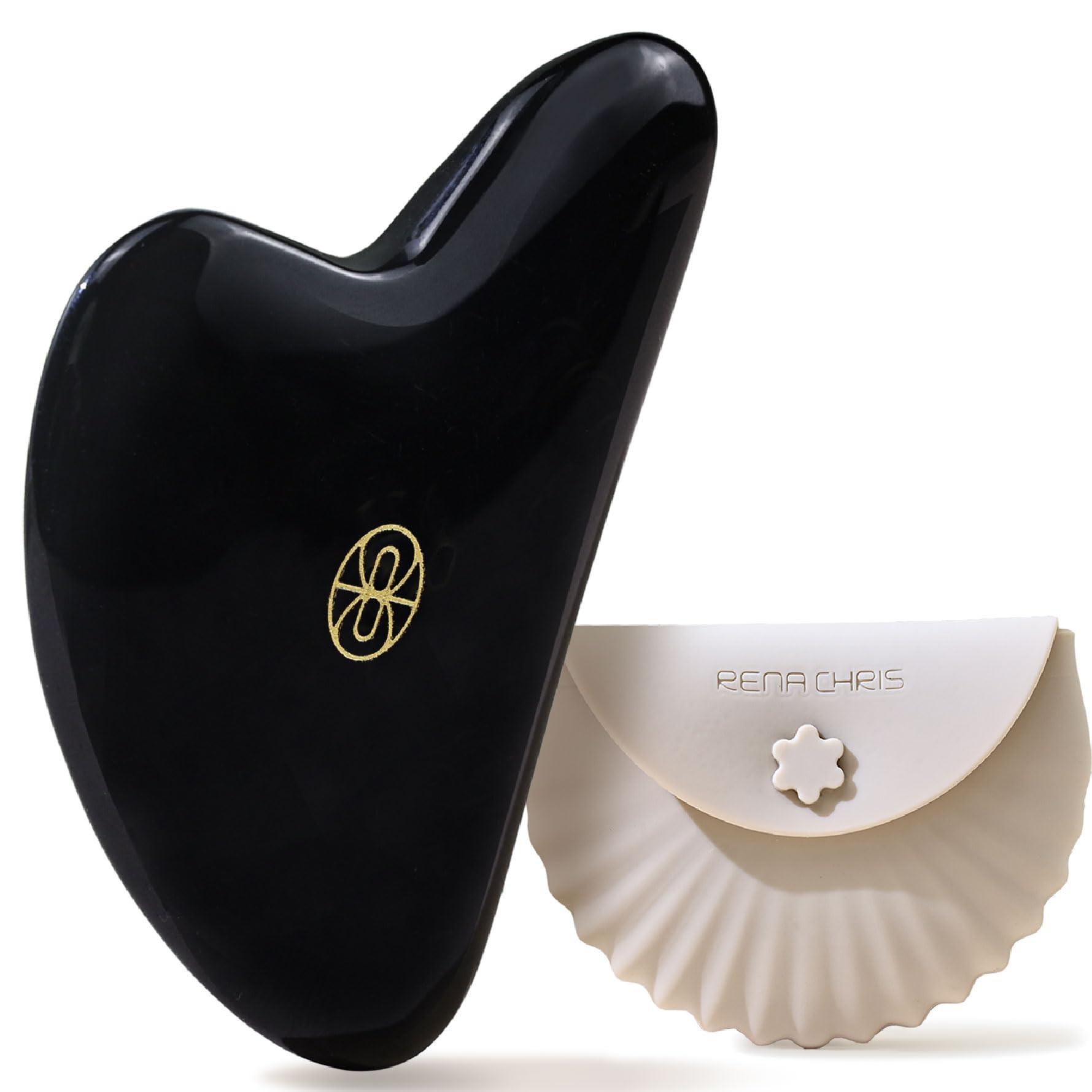 Rena Chris Rena Chris Gua Sha Facial Tools-Fuller, Ergonomic Black Obsidian Jade Gua Sha Stone for Face Massage,Jawline Sculpting and Puffiness Reducing,Skin Care Massager(Black)