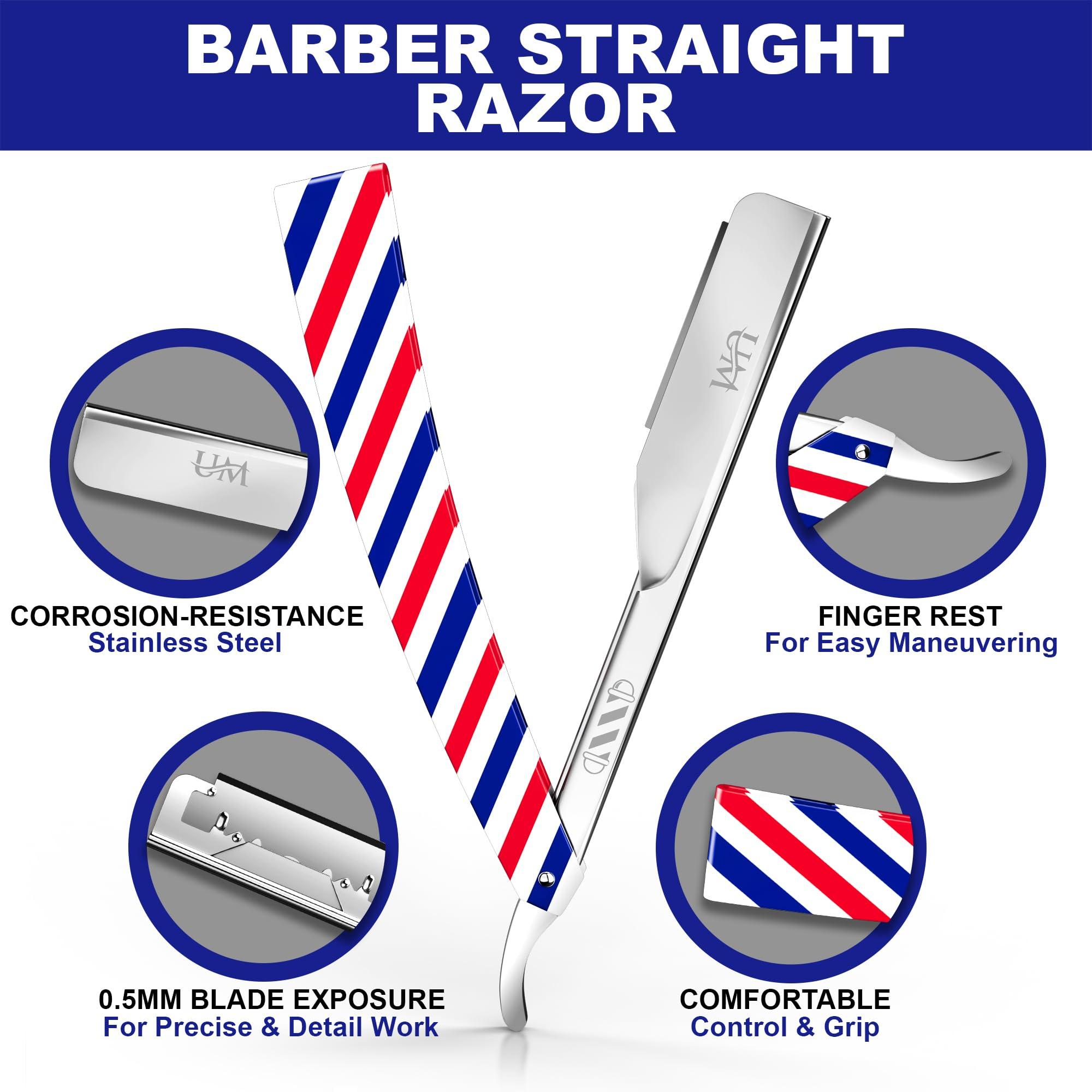 UM Supplies UM Supplies Straight Edge Barber Razor | Professional Men's Straight Shaving Razors kit With 10 Replaceable Blades | Cut Throat Shavette | Barber Pole Red, White, Blue