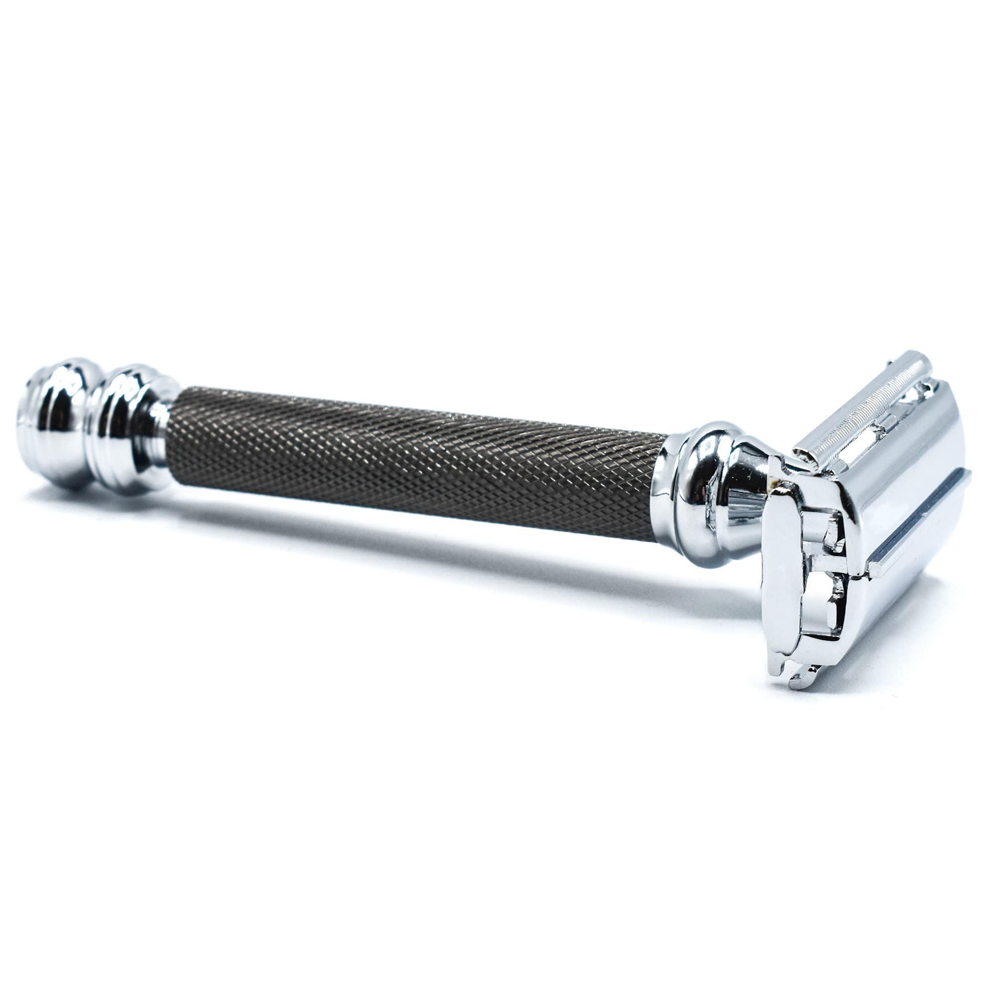 Parker Safety Razor Parker 76R Graphite Gray Long Handle Heavyweight Butterfly Open Double Edge Safety Razor for Men, 5 Parker Platinum Blades
