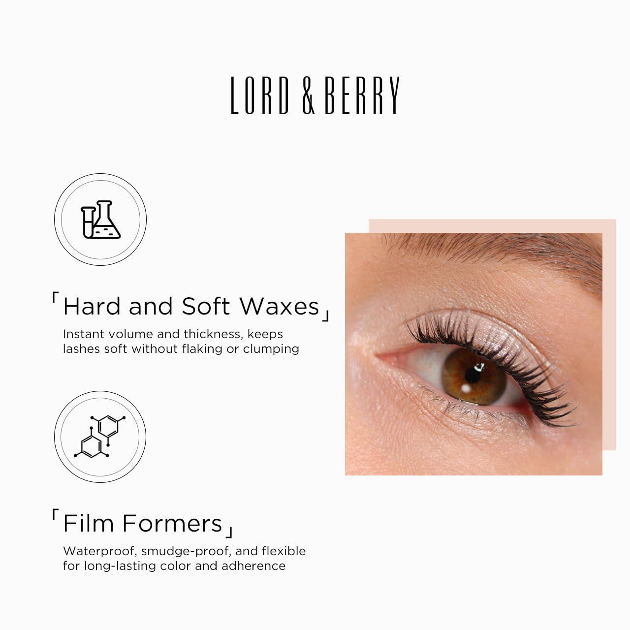 LORD & BERRY Lord & Berry Splashproof Longwear Waterproof Lash Mascara - Black for Volume and Length, False Lash Effect Long Lasting Eye Makeup, Enriched with Olive Oil, Vegan, Cruelty Free, 0.28 oz, Deep Black