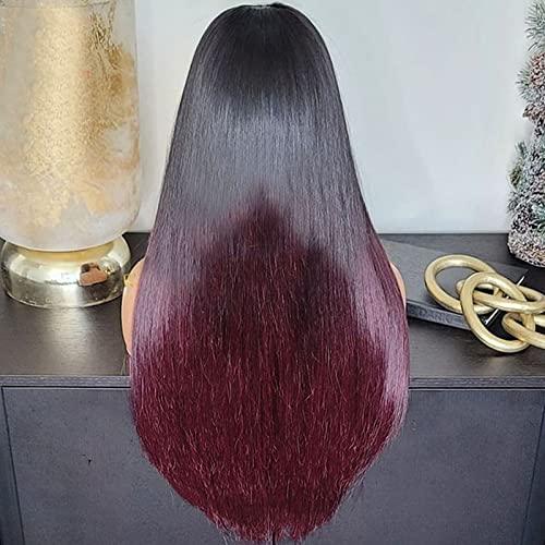 UMRHair 26inch Straight U Part Wig Human Hair 1B/99J Burgundy Ombre U Part Wig 180% Colored 4x1inch Small Leave Out Middle Part Wine Red Upart Wig Full Head Clip in Half Wig None Lace Wigs for Black Women
