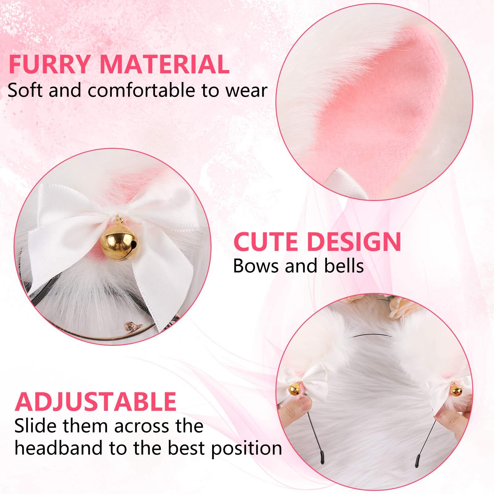 EVERMARKET Faux Furry Anime Faux Fur Fox Ear Headband with Bells, Plush Neko Cosplay Accessory for Halloween Costume Party Fancy Dress (White-Pink)