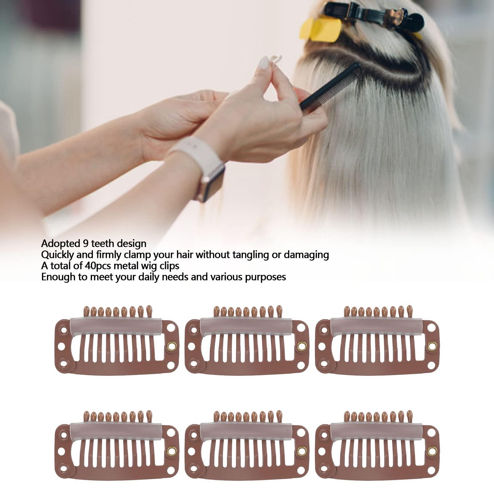 ZJchao 40pcs Hair Wig Clips Stainless Steel 9 Teeth Firmly Hold Hair Extension Hairpiece Clip 32mm(Light Brown)