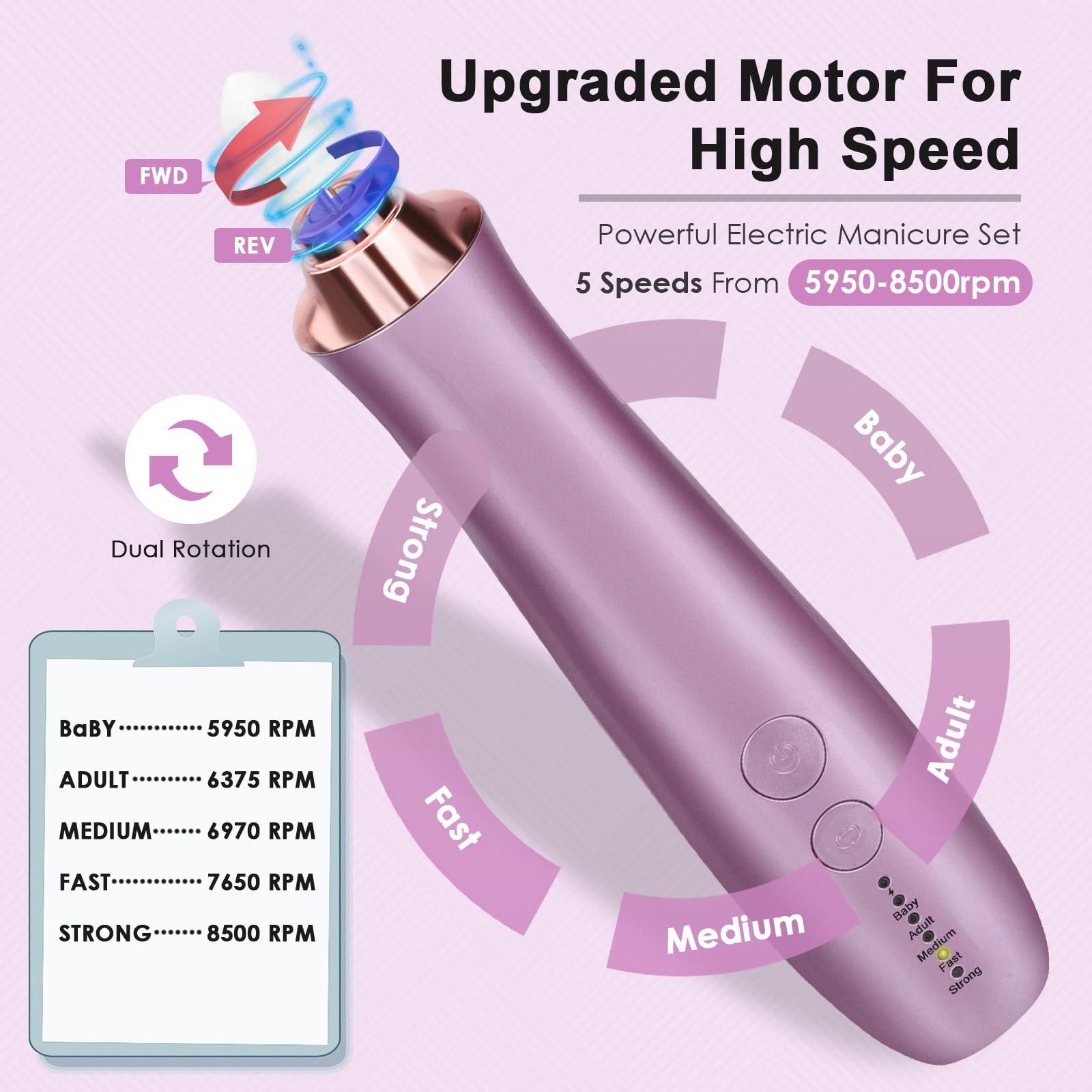 Rolokit Professional Manicure Pedicure Kit with Charging Base, Cordless Electric Nail Drill Set with 5PCS Drill Bits, 5 Speeds Electric Nail File Machine, Hand Foot Care Grinder Tool for Thick Nail Acrylic