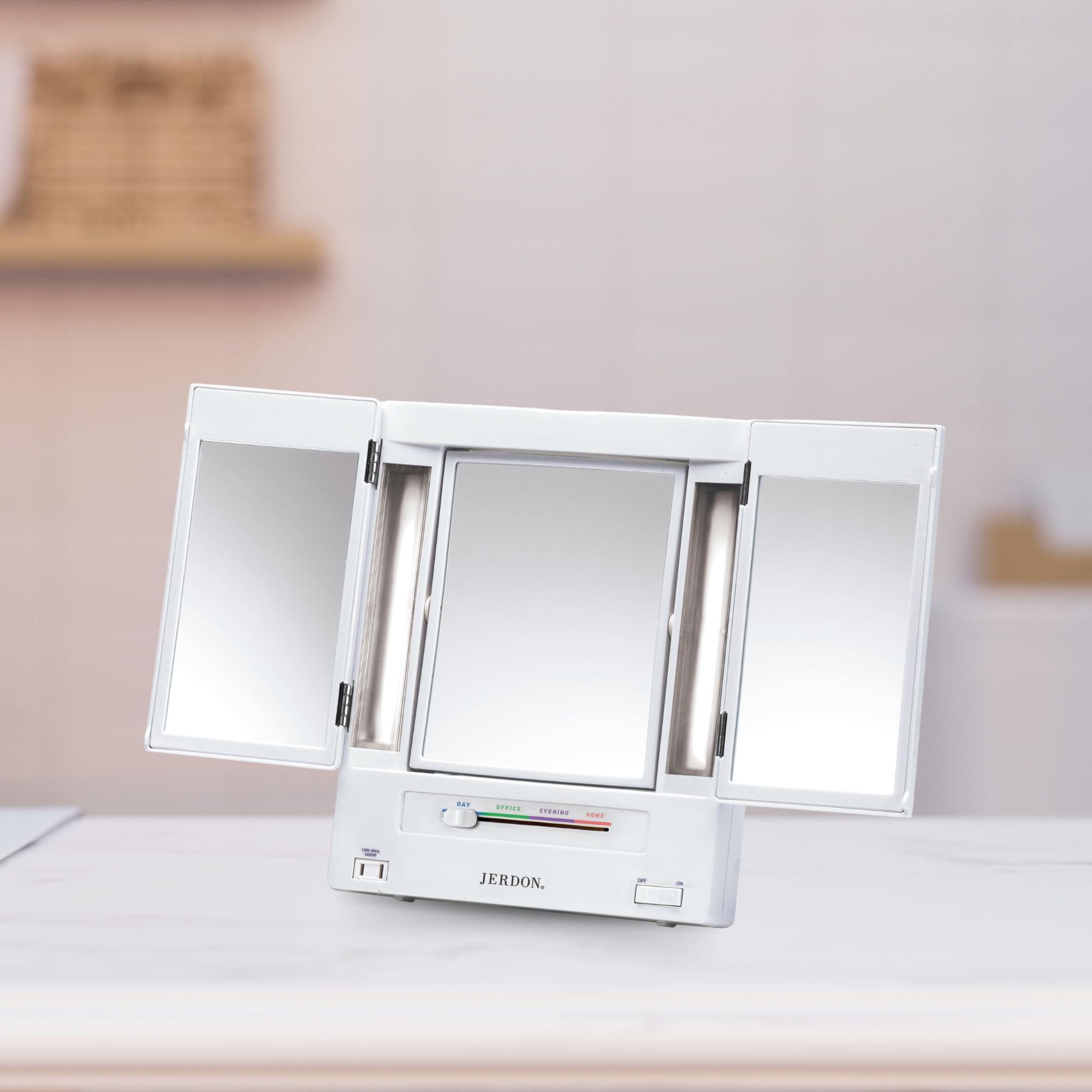 Jerdon JERDON Tri-Fold Two-Sided Makeup Mirror with Lights - Vanity Mirror with 5X-1X Magnification & Multiple Light Settings - White - Model JGL9W