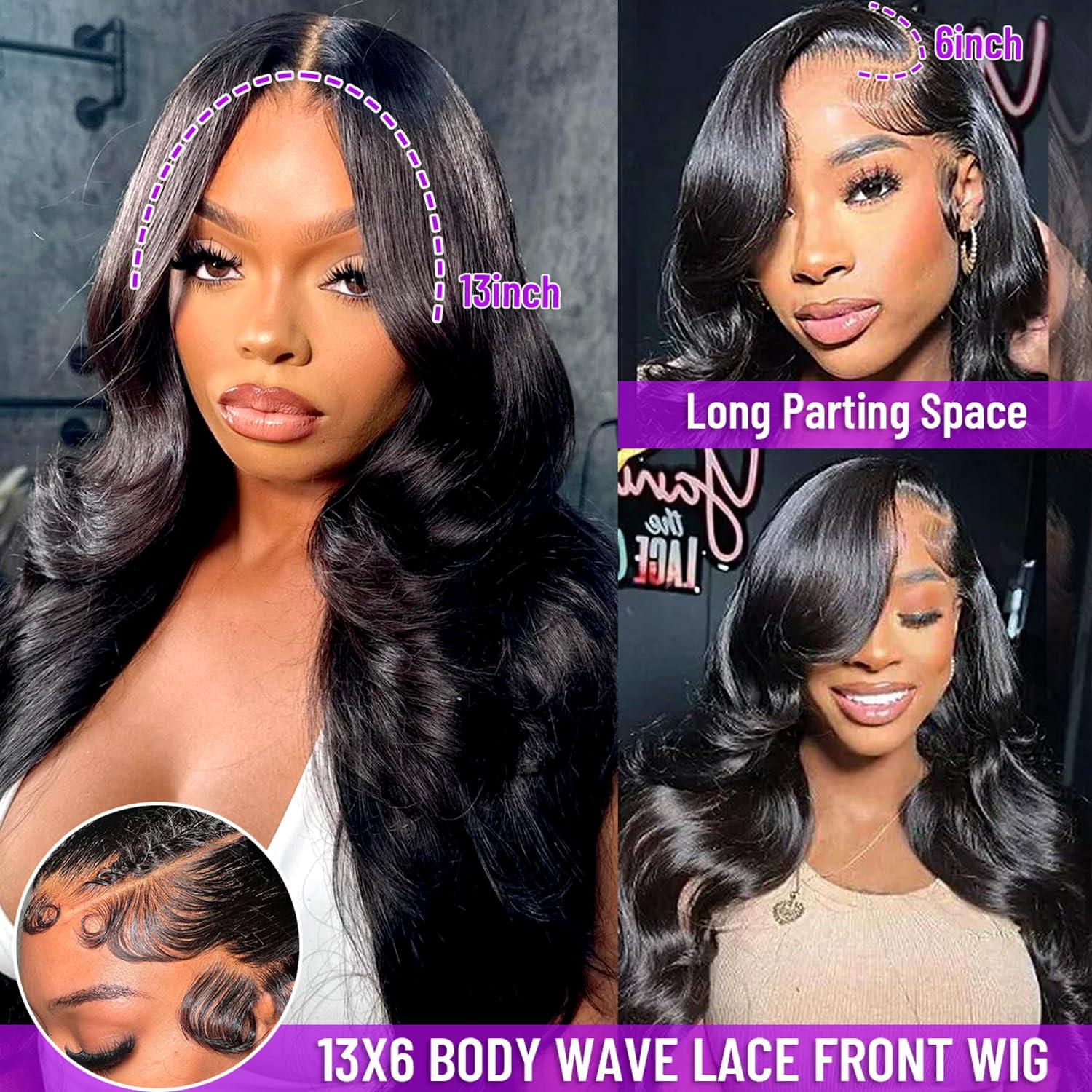 ozkan 13x6 HD Lace Front Wigs Human Hair Pre Plucked 13x6 Body Wave Lace Front Wigs Human Hair with Baby Hair Brazilian Full Lace Frontal Wig 13x6 Body Wave Wig for Women 180% Density Natural Black 24 Inch