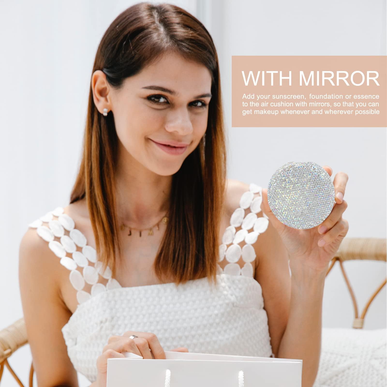 KEYPOWER KEYPOWER Makeup Powder Empty Box with Bling Diamond Loose Powder Compact Empty Container with Powder Puff and Mirror Refillable for Home or Trip (White)