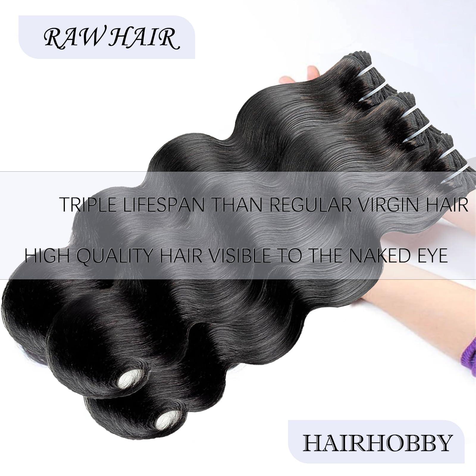HAIRHOBBY RAW Body Wave Bundles Human Hair, 16 18 20 Inch Virgin Hair Bundles 100% Unprocessed Indian Wavy Bundles Hair Extensions 3 Loose Wave Bundles Natural Black, Triple Lifespan Than Regular Virgin Hair