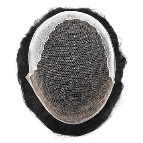 Generic Toupee for Men French Lace Front Mens Toupee Human Hair System Replacement Thin Skin with Lace Mens Hair Piece (7X9\"-100% Light to Medium Density, 1# JET BLACK)