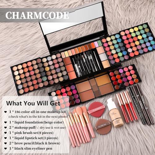 CHARMCODE Professional Big Makeup Kit for Teens Girls & Women Full Kit, Beauty Case with Beginner Cosmetics Sets, All-in-One Make Up Gift Box with Lipgloss, Eyeshadow,Blush,Highlight,Brow&Liner Pens,Brush,etc