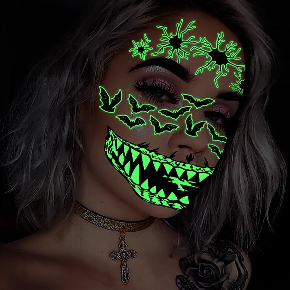 Doneace 10 Sheets Halloween Glow In The Dark Tattoos Face Luminous Temporary Tattoo Waterproof Last Long Glitter Tattoos Stickers Scary Zombie Makeup Kit For Kids Women Girls Boys Adults Party Supplies