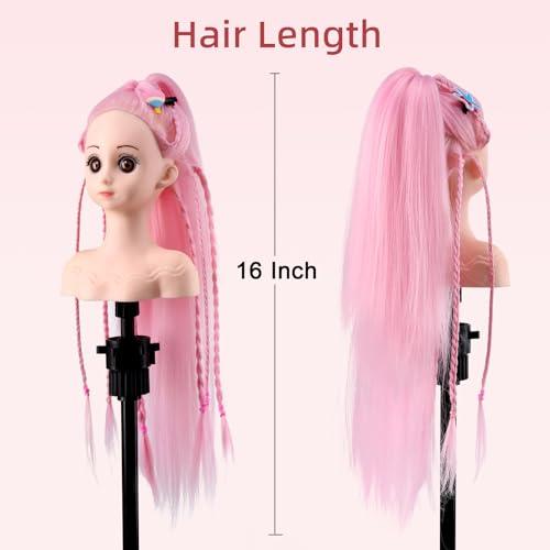 Anstar Anstar Hair Styling Doll Head for Girls Styling Head for Kids Mannequin Head with Pink Hair Doll Head for Hair Styling Braiding Cosmetology Manikin Head with Clamp Holder and Tools