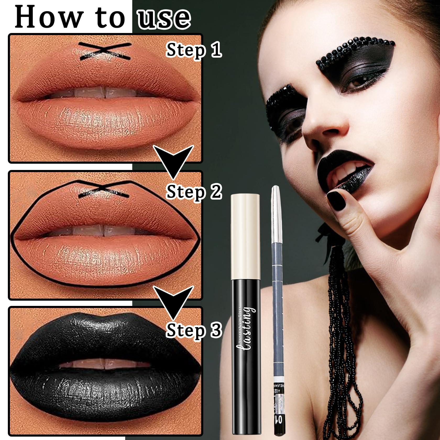 LingHaoLH 2PCS Black Matte Lip Liner and Lipstick Set,High Pigmented Black Liquid Lipstick and Lip Liner Set,Long Lasting Waterproof Black Lipgloss Liner Set for Goth Christmas Halloween Cosplay Makeup