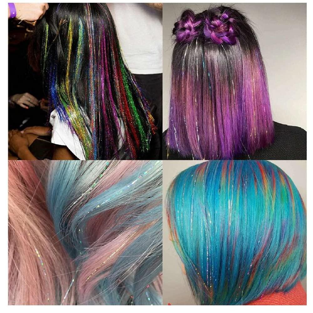 Newfacefure Gold Clip in Hair Tinsel Extensions Kit Heat Resistant, 19 Inch Glitter Fairy Tinsel for Hair with 6 Packs Clips on,Sparkly Hair Tensile Extension Accessories for Women Girls Kids(GOLD)