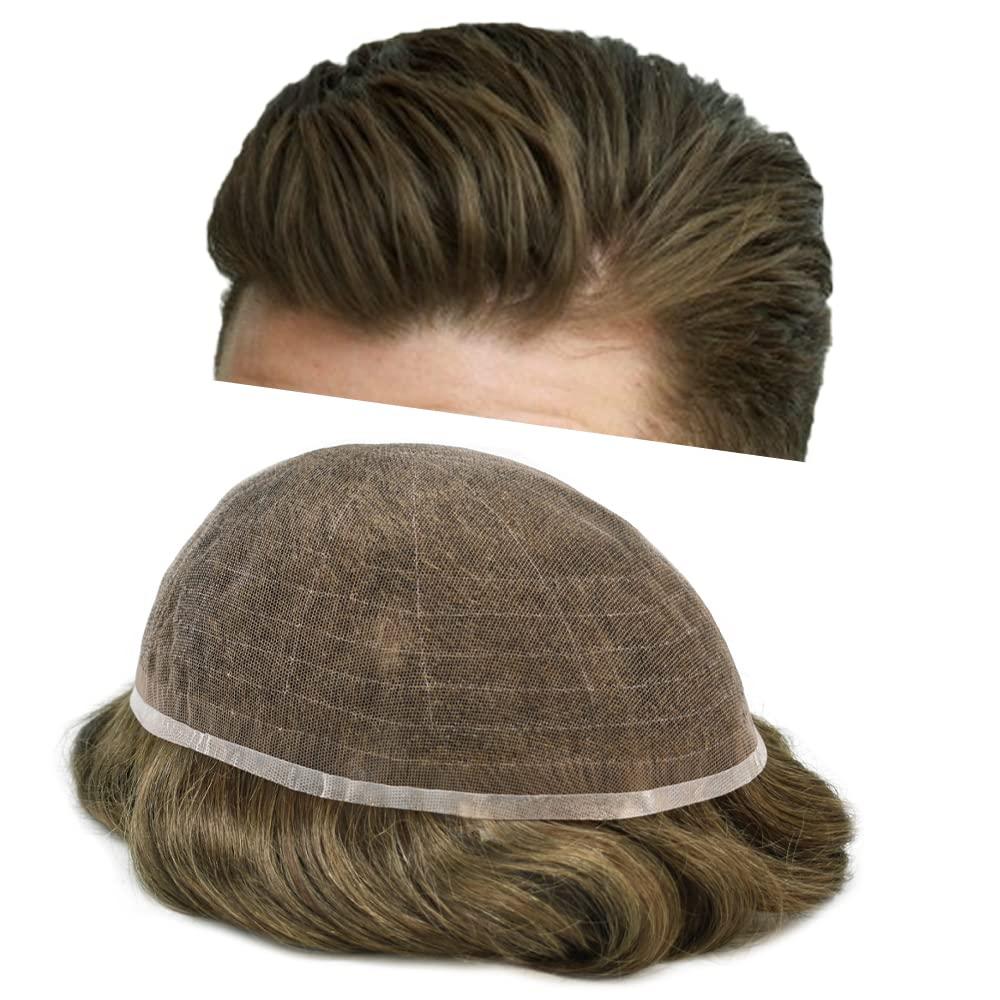 JUST HAIR Toupee for Men Human Hair Replacement Systems Full French Lace Mens Toupee Hairpieces Bleached Knots Swiss lace Hair Systems for Men All Lace Male Wig Unit(8X10\"-120% density#610 Light Brown with 10% Gray )