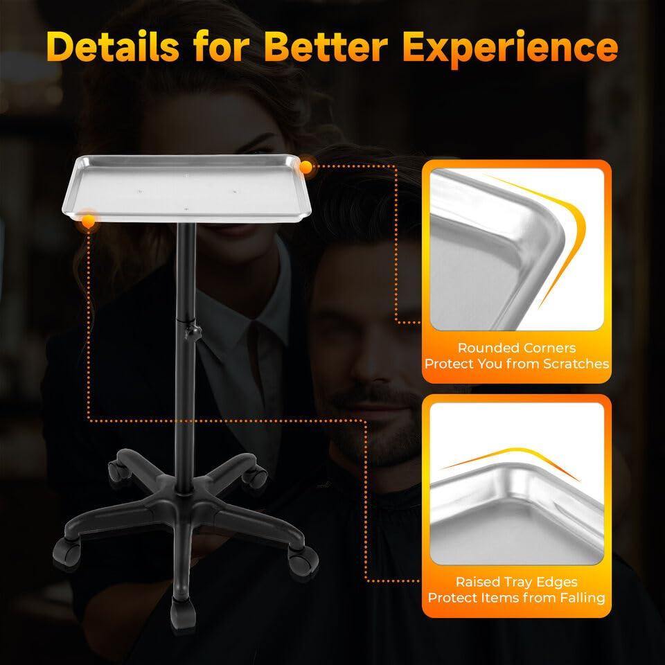 Gosangom Salon Tool Tray, Salon Tray Rolling Cart, Tattoo Table Tray, Mobile Beauty Cart, Adjustable Height Multi-Purpose Tray Cart, Premium Aluminum. (Silver)