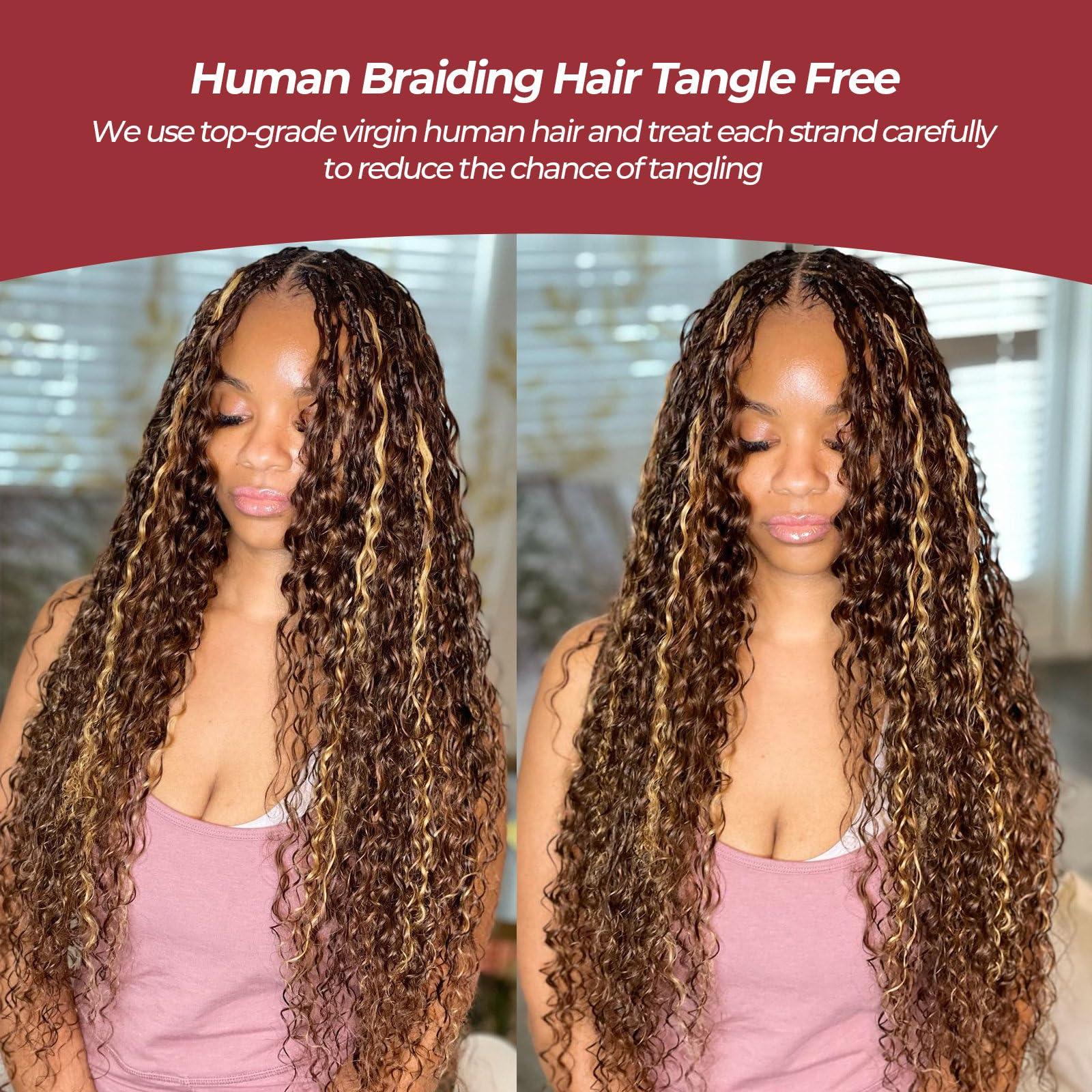 Brbeawor Human Braiding Hair for Boho Braids 4/27 Ombre 18 Inch Curly Human Hair for Boho Braids 2 Bundles 100g Boho Hair for Braiding 100% Deep Wave Bulk Human Hair for Boho Knotless Braids (P4/27, 18 inch)