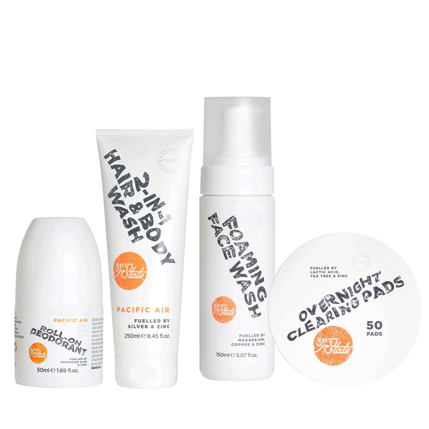 31st State 31st State Skincare Grooming Gift Set - Core Four Foaming Face Wash (150ml), 2-IN-1 Hair & Body Wash (150ml), Overnight Clearing Pads (50 Pads) & Aluminum Free Roll-On Deodorant (50ml), White