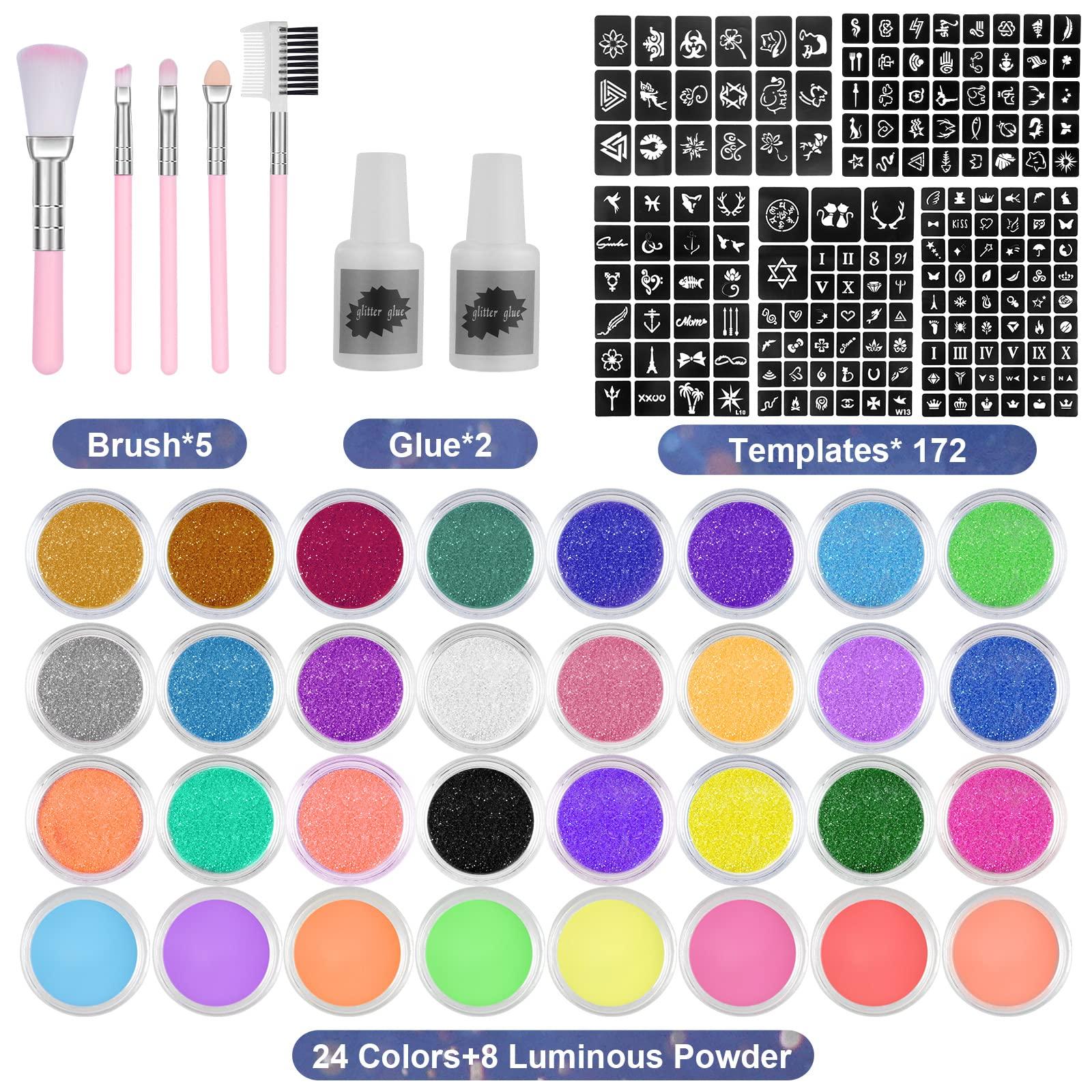 AOMIG AOMIG Glitter Tattoo Kit, Kids Temporary Tattoo Set - 24 Colours Glitter, 8 Fluorescent Powder, 172 Stencils, Unique Body Nail Glitter Safe Body Make-up for Kids and Adults Birthday Party