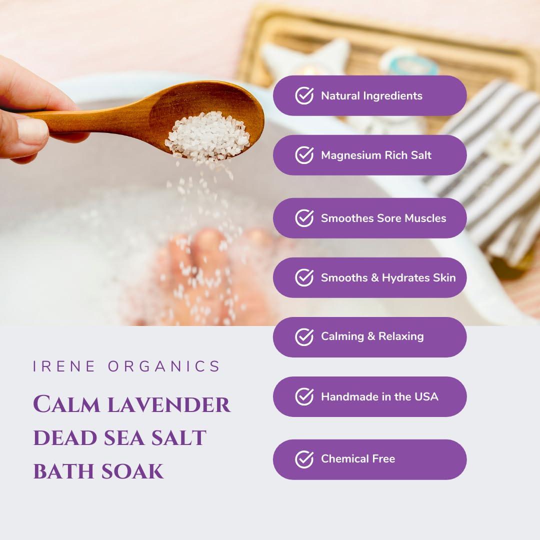 Irene Organics Irene Organics All Natural Bath Salt Soak - Exfoliating Dead Sea Salt + Himalayan Salt Bath Body Scrub for Calm, Soothing and Detoxing (Calm - Lavender)