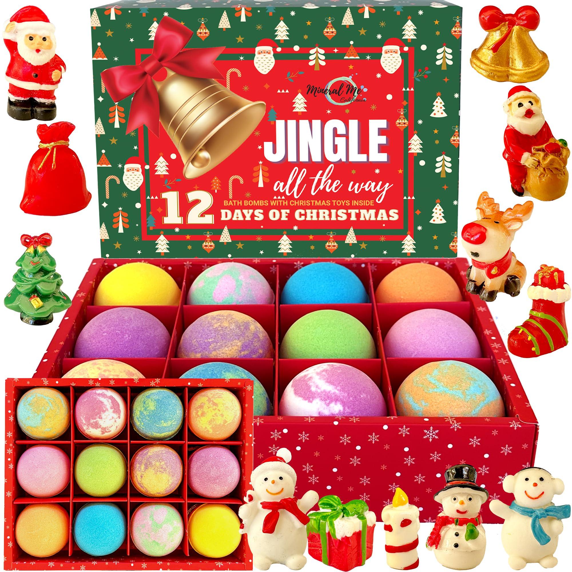 Mineral Me California Christmas Bath Bombs for Kids with Surprise Toys Inside - Kids Advent Calendar Bathbombs - 12 Pack Organic Bath Bombs Gift Set, Moisturizing Bubble Bath Fizzies, Gifts for Kids, Boys, Girls, Toddler
