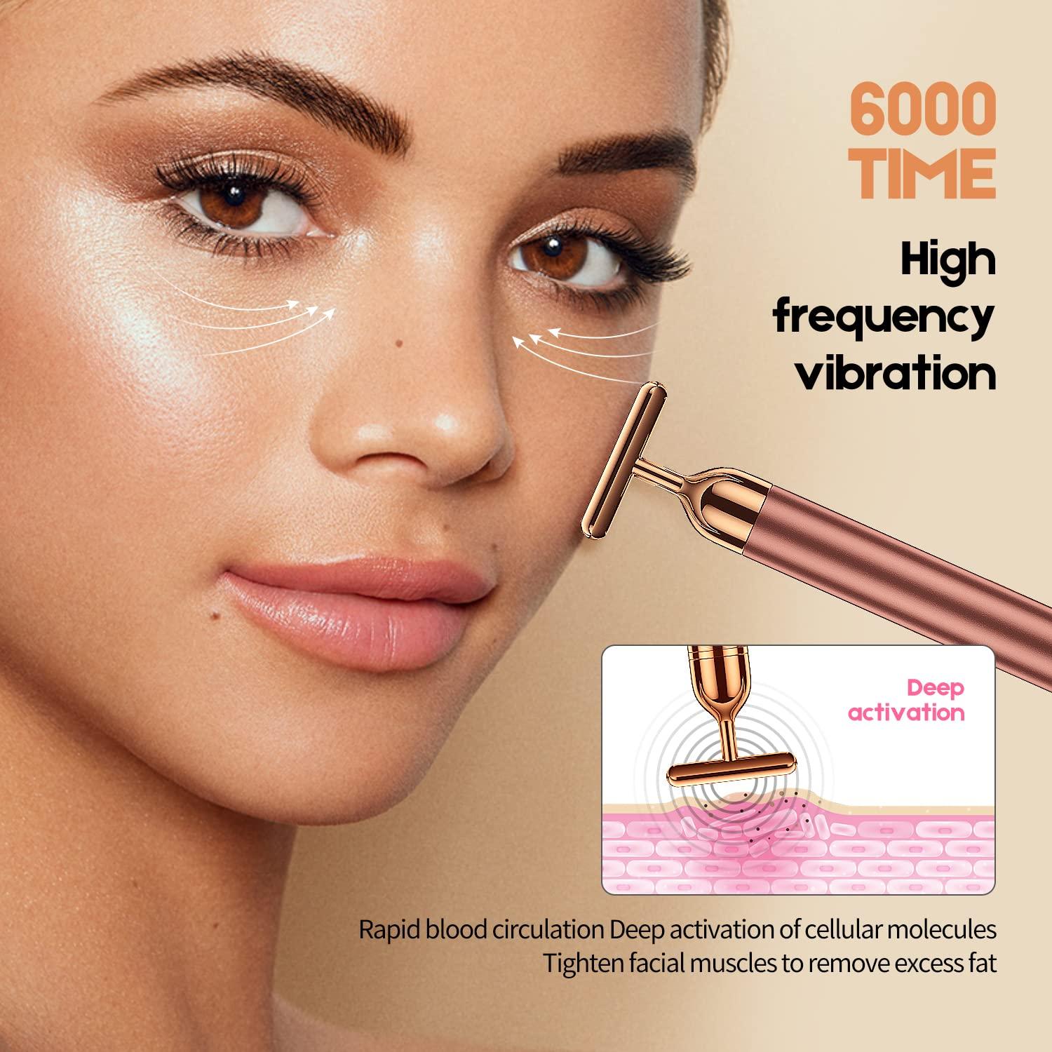 Beauty Bar 2-IN-1 Beauty Bar 24k Golden Pulse Facial Face Massager, Electric 3D Roller and T Shape Arm Eye Nose Head Massager Facial Roller Massager Kit Skin Care Tools