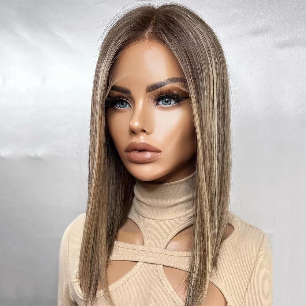 oulaer Straight Wig Human Hair Lace Front Wig HD Rooted Brunette Blonde Highlights Ombre Human Hair Wig 13X6 Lace Front Wig #4/27 Color Wig Pre Plucked for Women Natural Hairline Wig 150% Density 14Inch