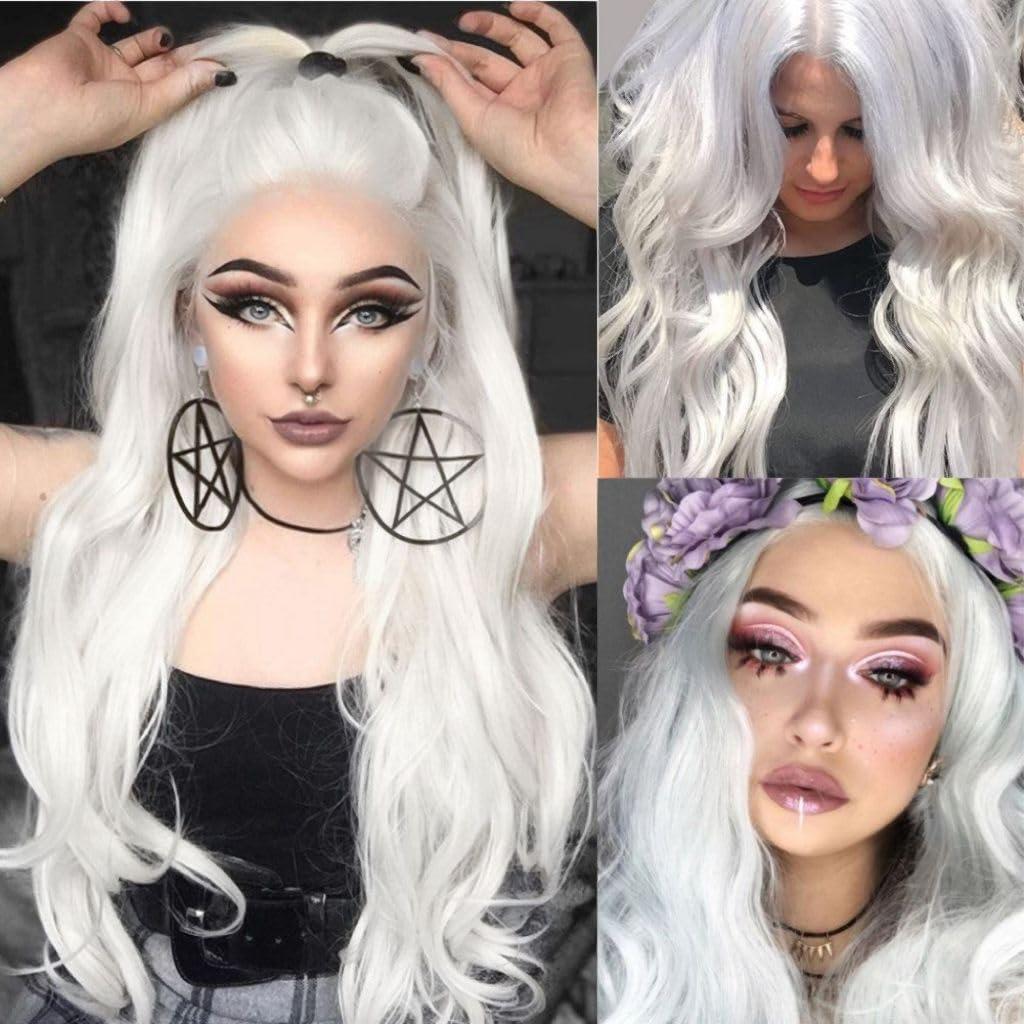 Siudus Siudus White Long Wig Curly Wavy Wigs for Women 26 Inch Synthetic Middle Part Fiber Natural Looking Hair Wig for Halloween Cosplay Party