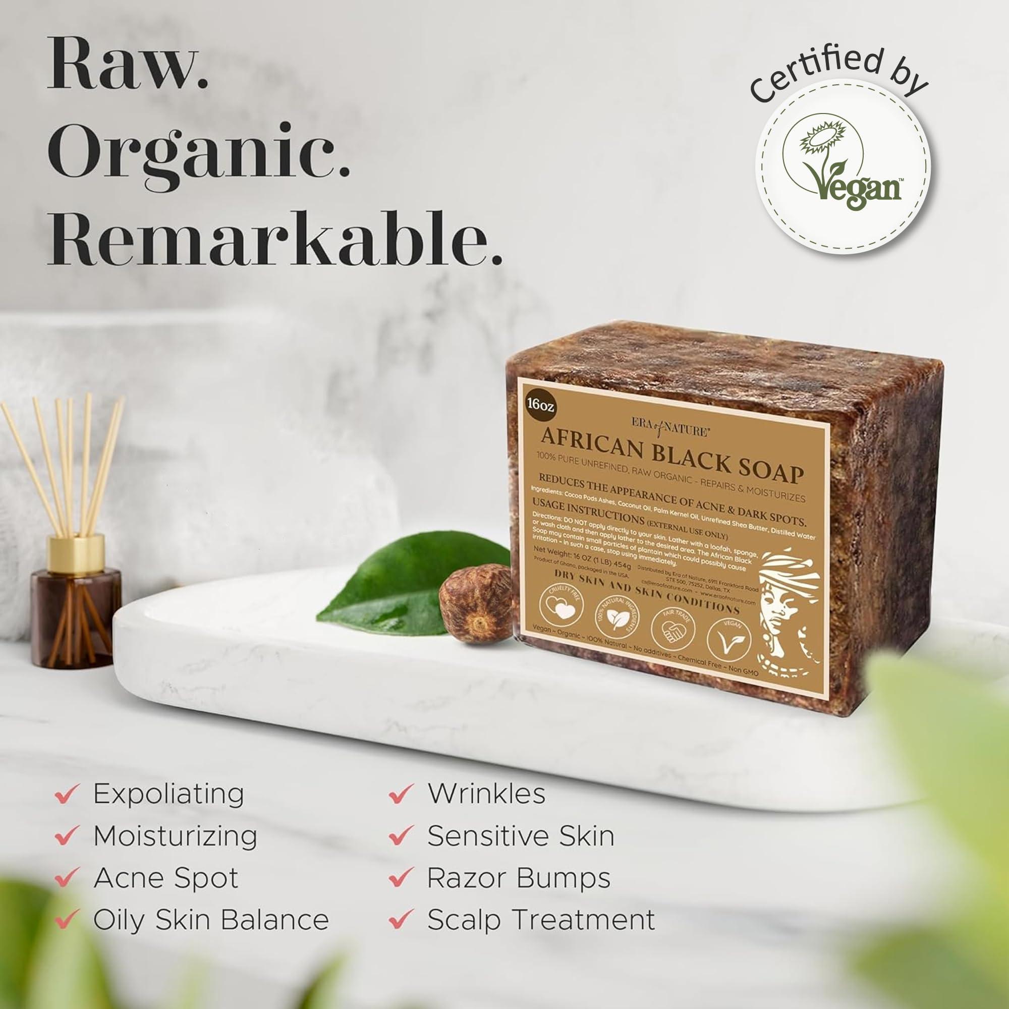 era of nature era of nature Best Raw ORGANIC AFRICAN BLACK SOAP, for Dry Skin and Skin Conditions. Pure & Natural Ingredients, Imported From Ghana - 1lb (16oz)