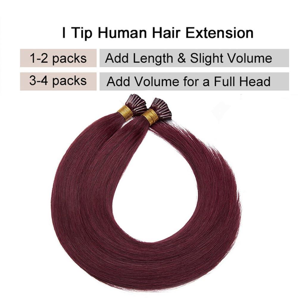 Kiss darling LASHES 99J Burgundy Red I Tip Hair Extensions Human Hair Pre Bonded Keratin Cold Fusion I Tip Real Remy Human Hair Extension For Women 100 Strands 100g 30\"inch