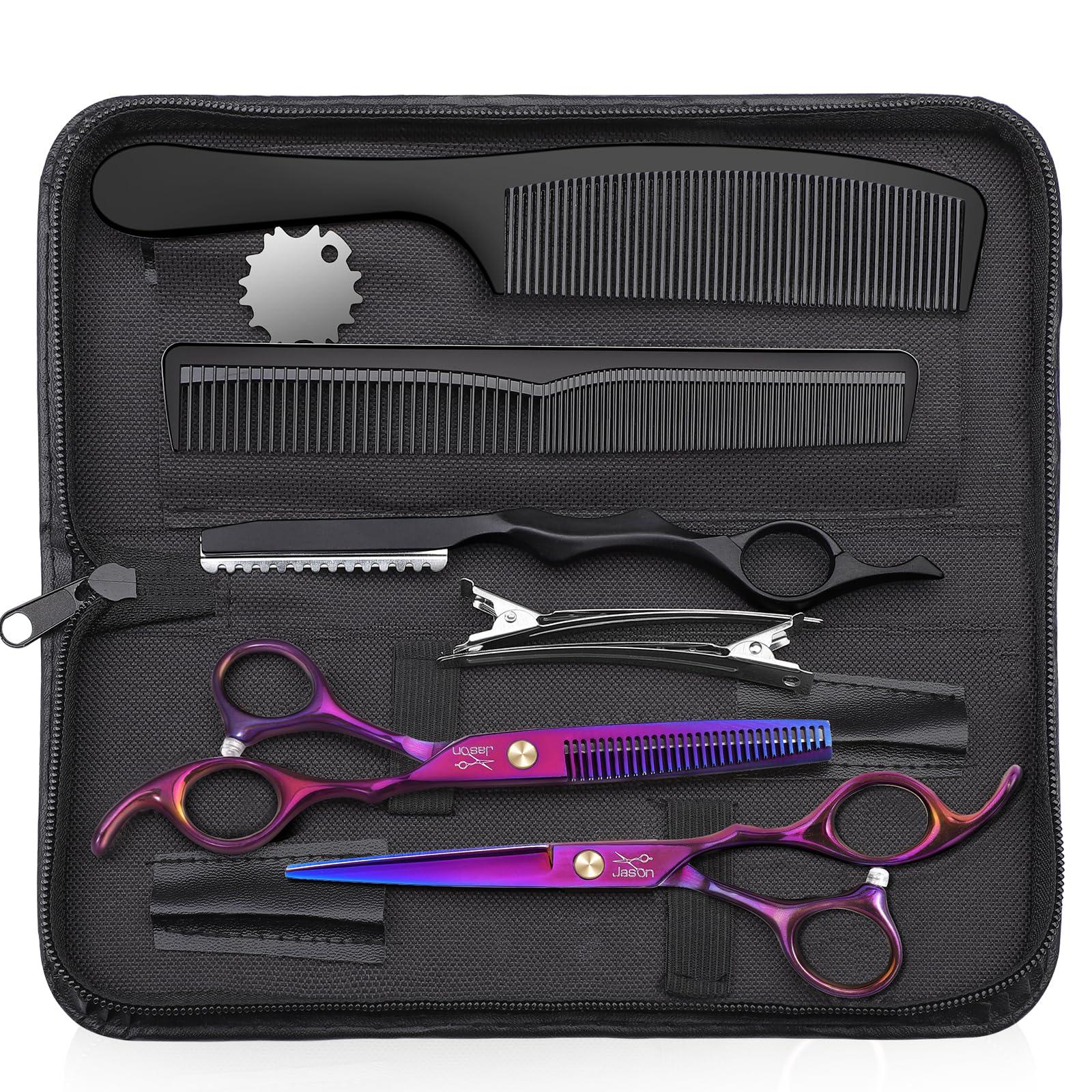 JASON JASON Hair Scissors Professional - 10 PCS Haircut Scissors Set, Thinning Shears for Hair Cutting with 30 Teeth, Straight Shears for Men Women Home Salon Barber (6.7\", Purple)