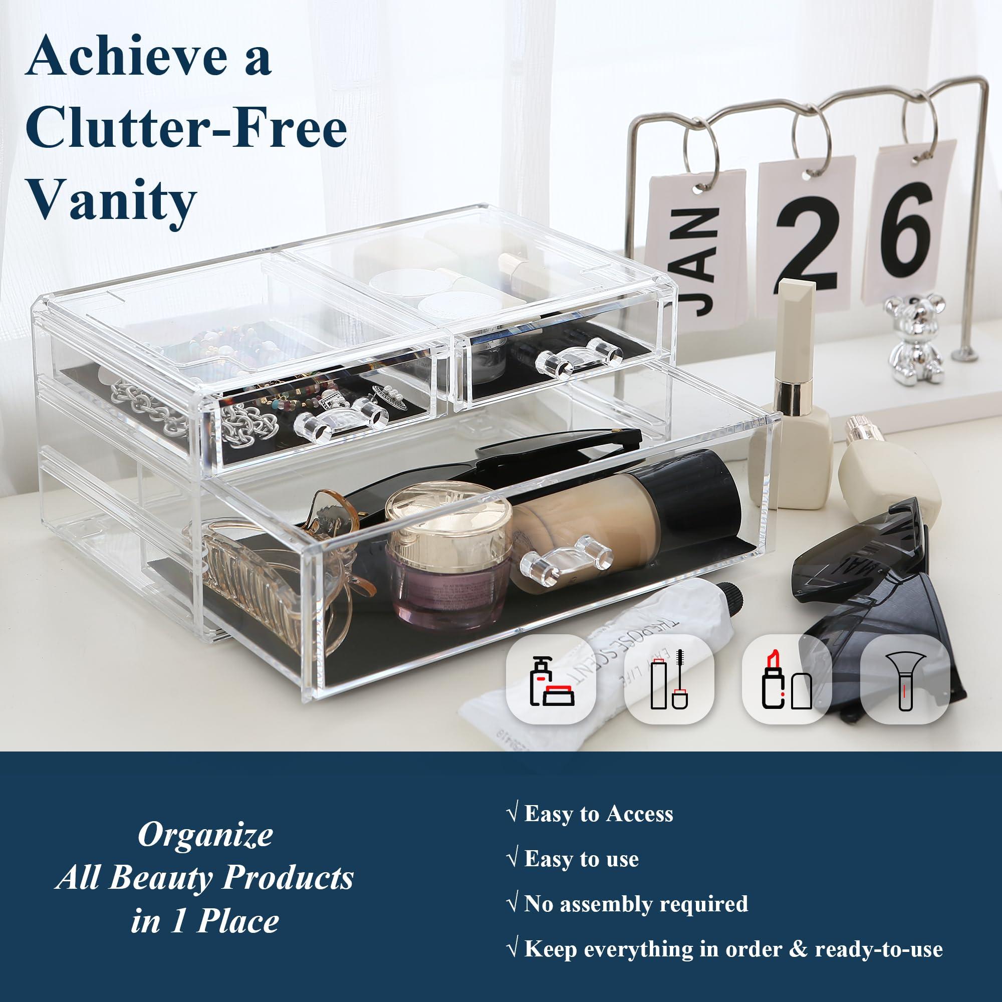 Sea Team Sea Team Clear Makeup Organizer with Drawers, Acrylic Plastic Cosmetic Display Case, Jewelry Storage Box, Holder for Dresser, Bathroom, Vanity, Countertop (1 Large, 2 Small Drawers)