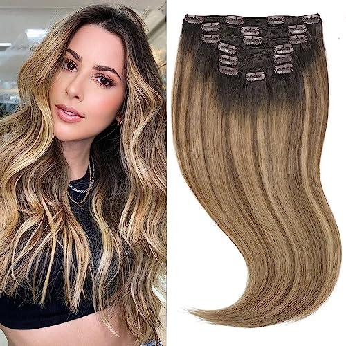 affordhair Affordhair Dark Brown to Chestnut Brown Balayage Hair Extensions Clip in, Remy Clip In Hair Extensions Real Human Hair with Blonde Highlights, 20 Inch, 7pcs, 110g