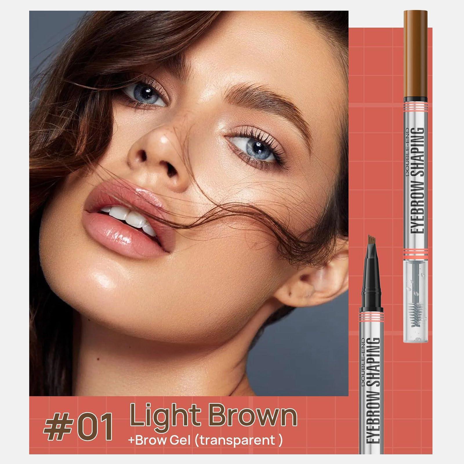LuxeOne 2-in-1 Eyebrow Pencil with Gel, Dual-Ended 3D Microblading Magic Eyebrow Pen with 4 Tip & Eyebrow Brush, Waterproof Eyebrow Pencil Makeup Long-Lasting Eyebrow Pen for Women (01#Light Brown)