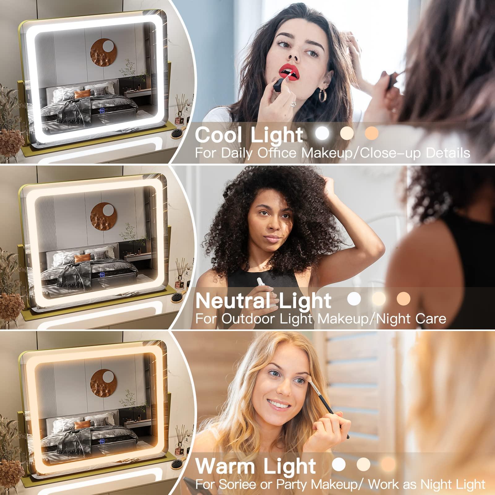 FENNIO FENNIO Gold Vanity Mirror with Lights 22\"x19\", LED Lighted Makeup Mirror, Large Makeup Mirror, Make up Mirror with Lighting,Touch Screen with 3-Color Lighting,Dimmable,for Vanity Desk Tabletop