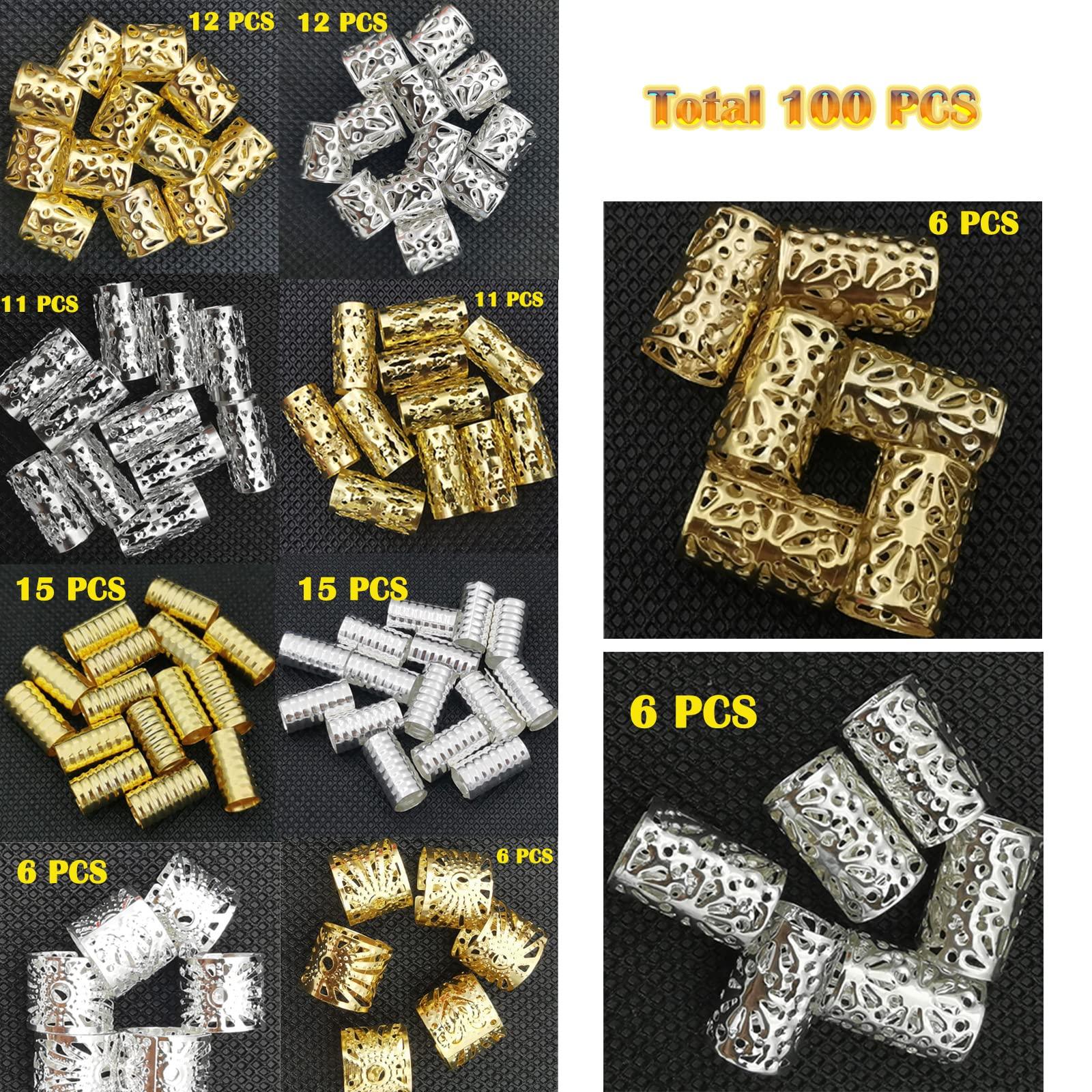 Flosius 100 PCS Gold Hair Cuffs Hair Beads for Girls Silver Hair Jewelry for Braids Accessories, Flosius Hair Charms for Braids Dreadlock Accessories Loc Jewelry for Black Women