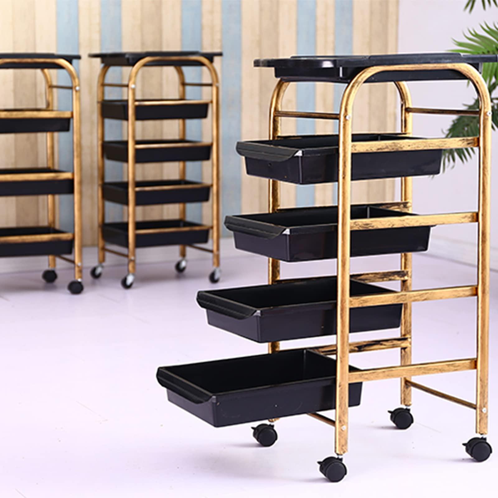 QQXX 4/5 Tier Beauty Salon Rolling Trolley Cart,Hair Salon Trolley Cart with Lockable Wheels,Stylist Hairdresser Storage Tool Carts for Office Home,Classic Salon Rolling Storage Trolley(4 Tiers, Gold)