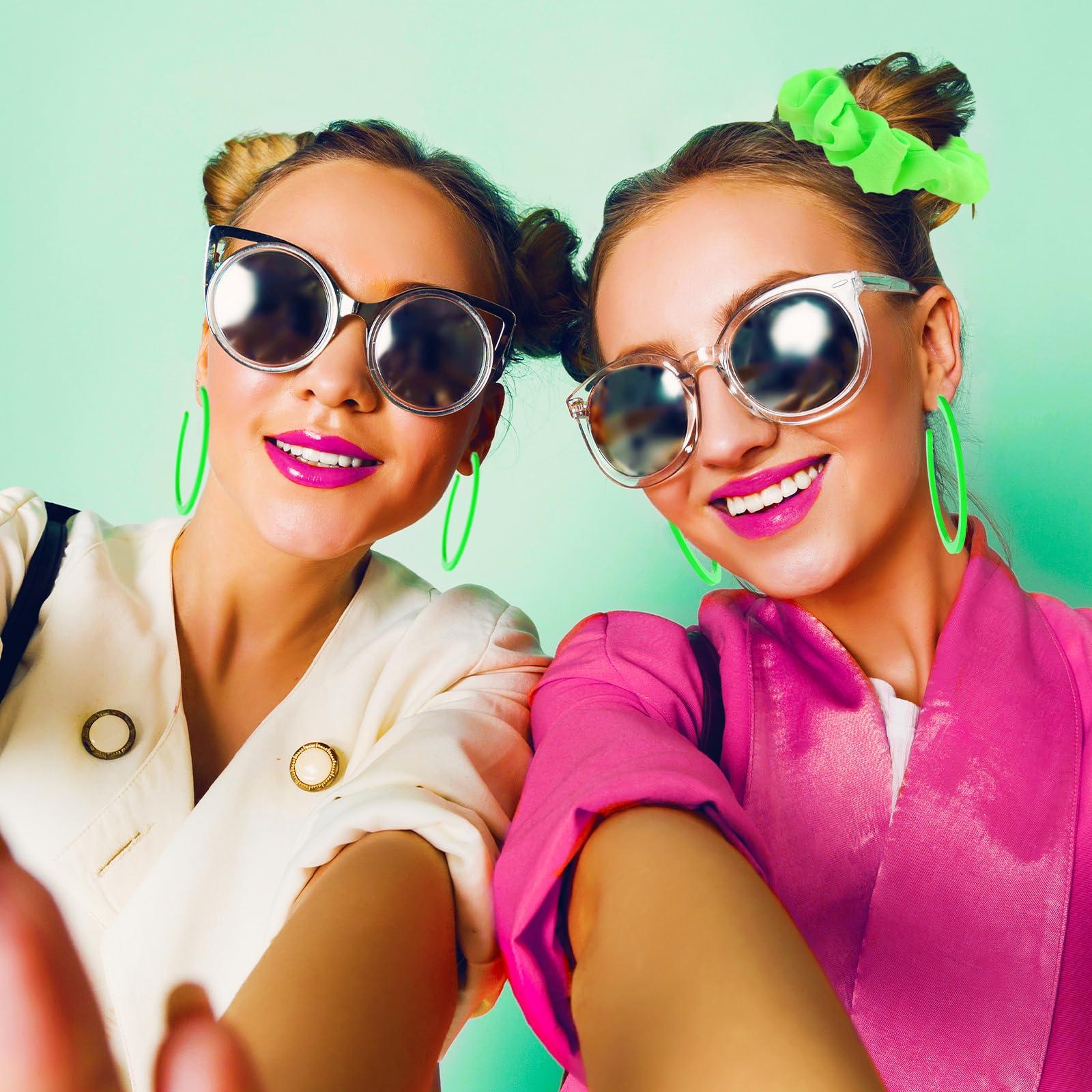 Lusofie 4 Pack 80s Neon Hair Scrunchies,Green Neon Earrings & Elastic Hair Scrunchy Set, Large Neon Scrunchies & Circle Style Earrings for Women Girl Halloween Party Decorations (Fluorescent Green)