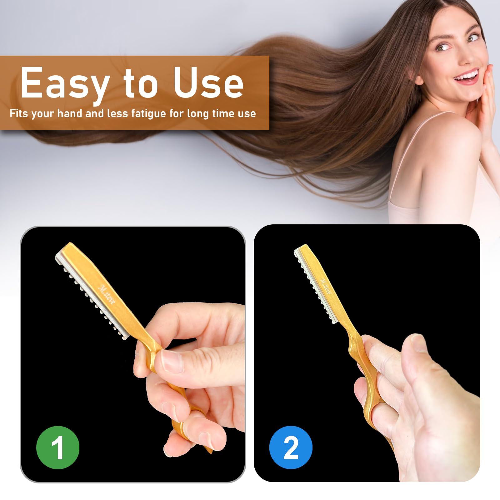 M.steve Hair Razors For Cutting Hair 6.89", Professional Hair Styling Razor with Replacement Stainless Steel Blades for Salon/Home -11PCS Gold