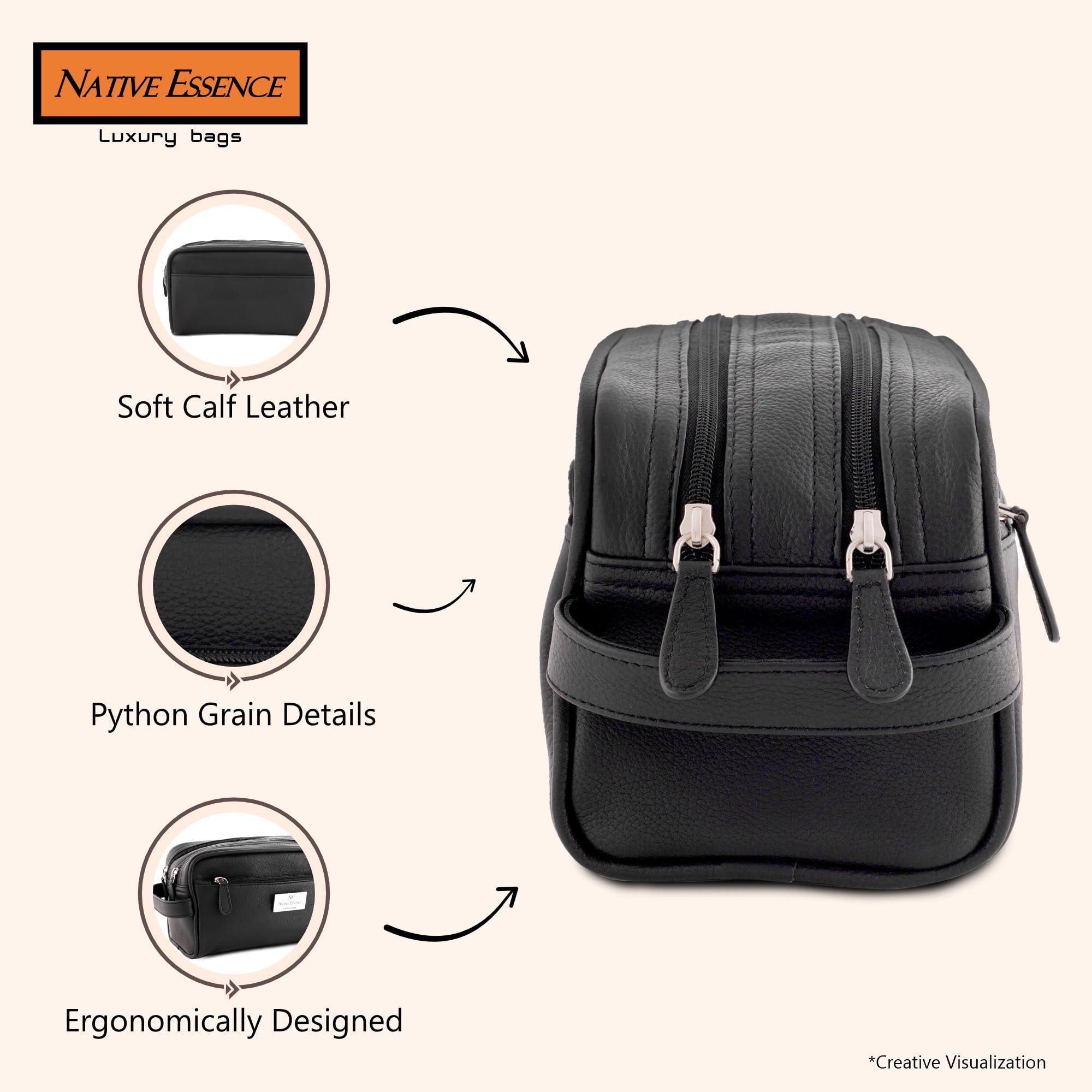 NATIVE ESSENCE Leather Toiletry Bag, Black Genuine Calf Leather Travel Bag, Handmade DOPP Kit for Travel, Cosmetic Pouch, Luxury Shaving Bag, Bathroom Organizer, Stylish Grooming Kit for Men and Women Gift Packed