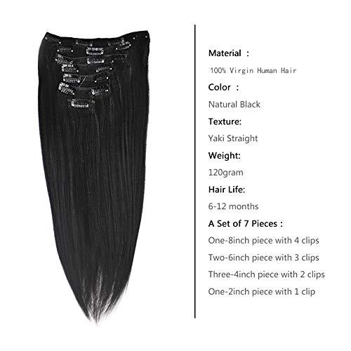Well Beauty Well Beauty Remy Coarse Yaki Straight Thick Double Weft Clip in Human Extensions Natural Black Color for African American Full Head Soft Virgin Hair 7 Pieces 120g with 17 Clips (Yaki Straight 16 Inch)