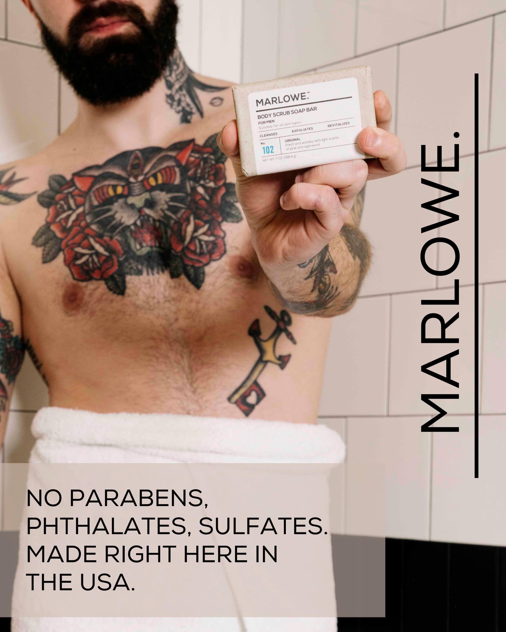 MARLOWE. M BLEND MARLOWE. No. 102 Men\'s Body Scrub Soap 7 oz, Fresh Original Woodsy Scent, Best Exfoliating Bar for Men, Made with Natural Ingredients, Apricot Seed Powder, Shea Butter, Olive Oil, Green Tea Extracts