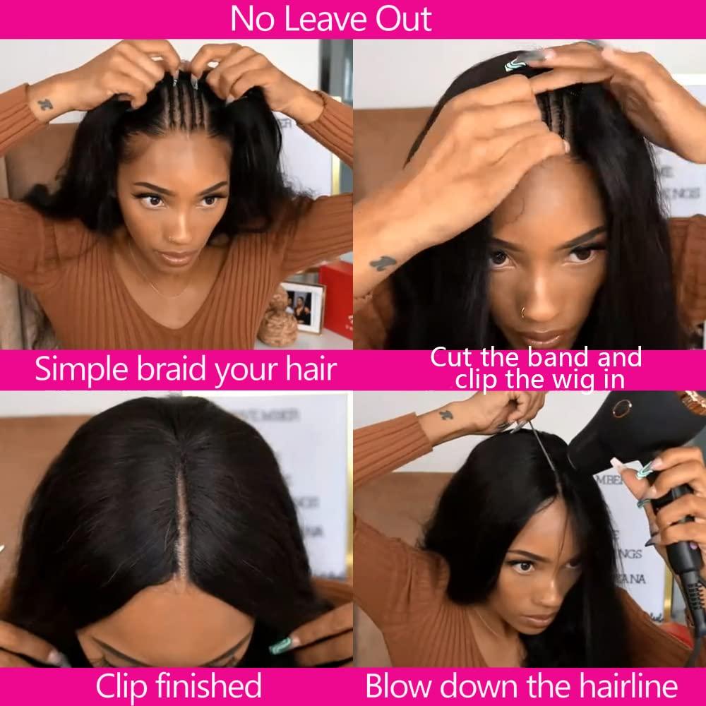 Abijale V Part Wig Human Hair Kinky Straight 180 Density Upgrade U Part Human Hair Wigs for Black Women No Leave Out V Part Wigs Glueless Clip in Half Wig Yaki Straight V Shape Wigs (26 IN, V Part Wigs)