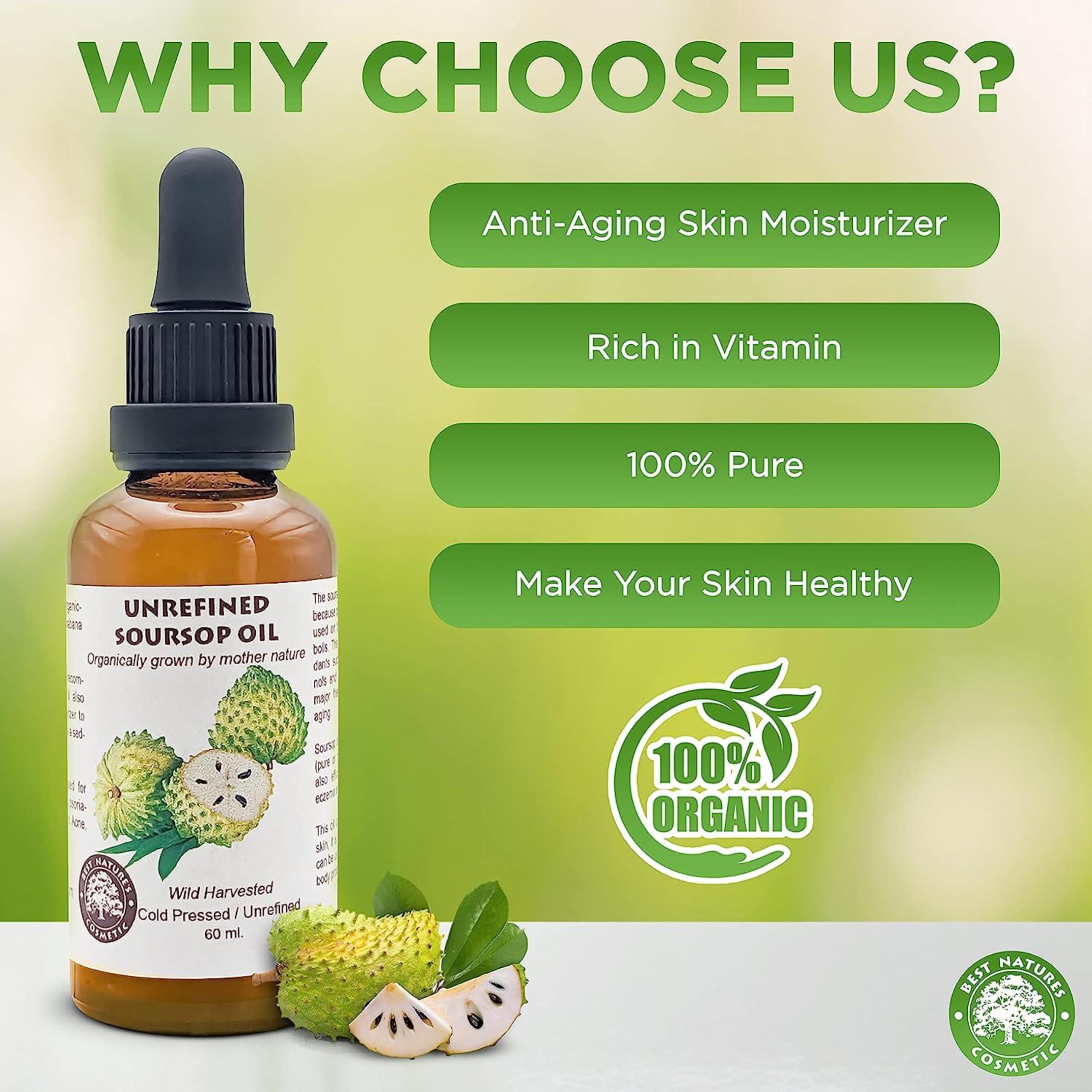 Best Nature\'s Cosmetics Best Nature\'s Cosmetics Virgin Soursop Graviola Guanabana Oil (Organic, Undiluted, Cold Pressed, Unrefined) 1 oz / 30 ml  Natural Moisturizer for Dry and Damaged Skin.