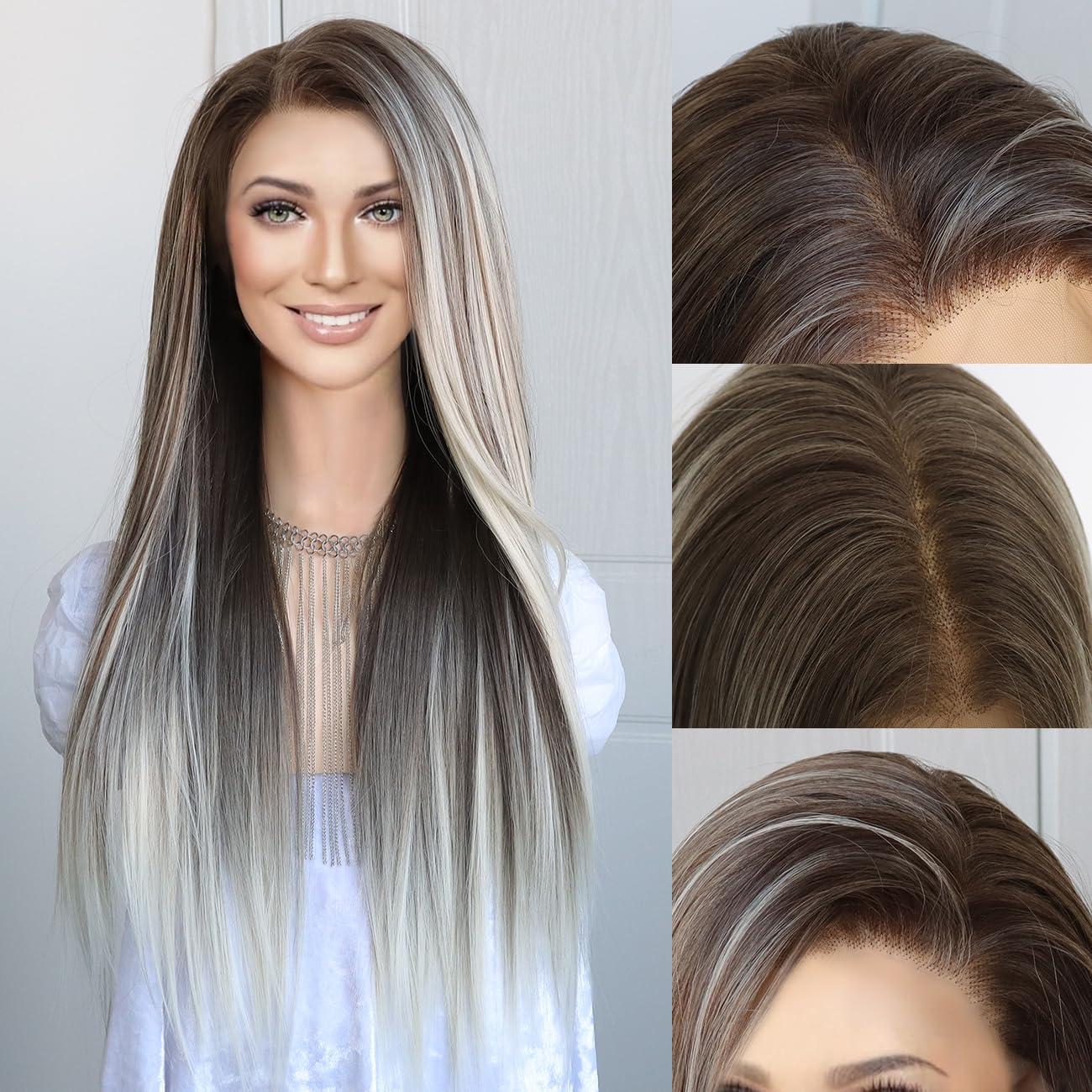 K\'ryssma K\'ryssma 13x6 Wig Highlight Ombre Brown and Platinum Blonde Synthetic Lace Front Wigs for Women with 6 Inch Deep Part Glueless Long Straight 13x6 Lace Front Wig Pre Plucked 24 Inches